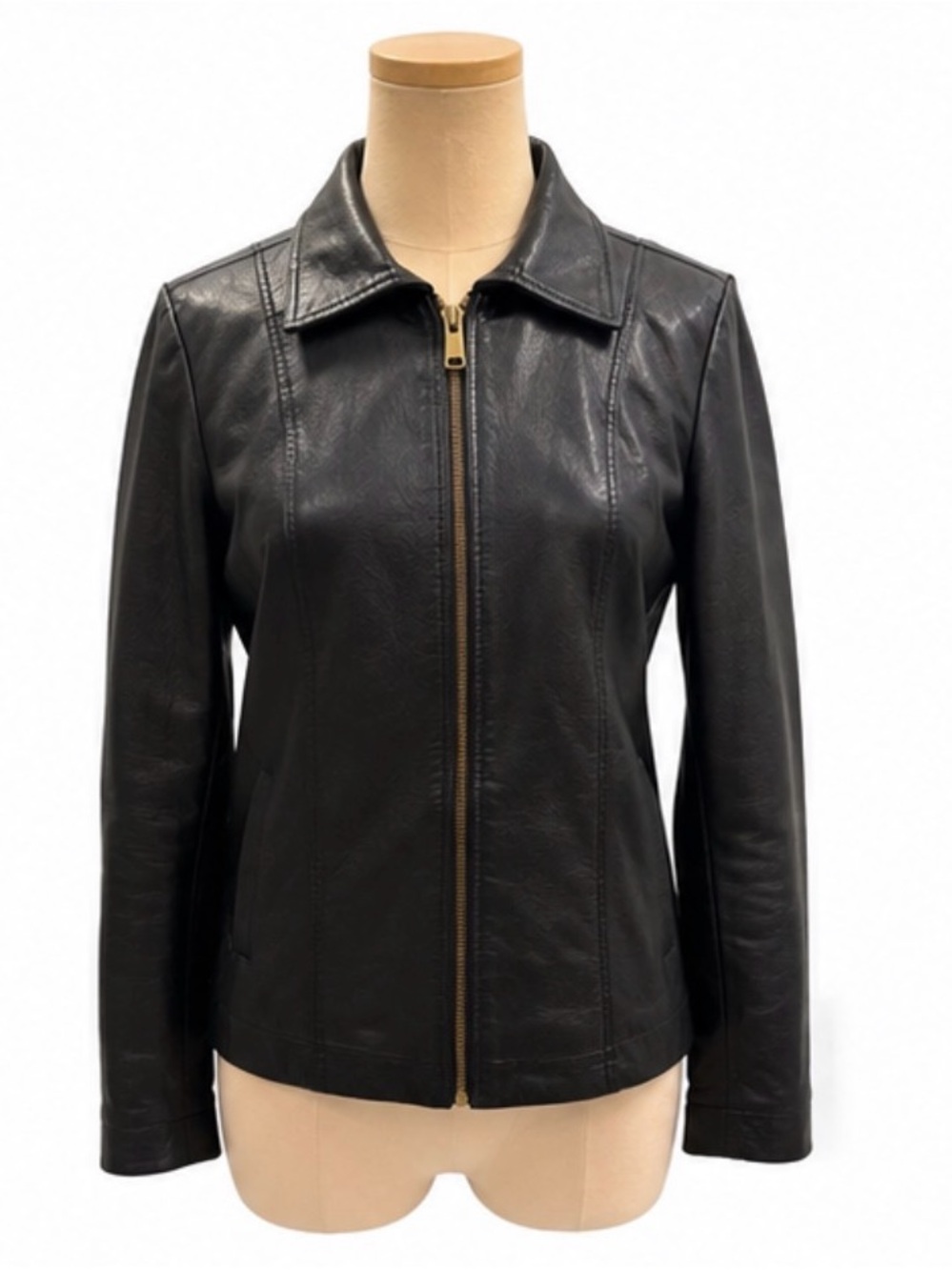 Baccini Black Faux Leather Zip Front Jacket Small Realistic Leather Look